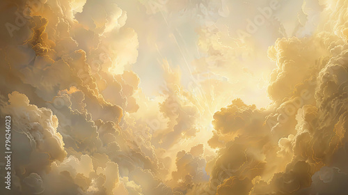 Ascension's Glow: Fluffy White Clouds with Soft Golden Radiance