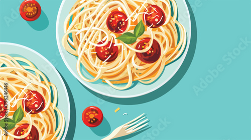 Plates of pasta with tomato sauce and cheese on turqu photo