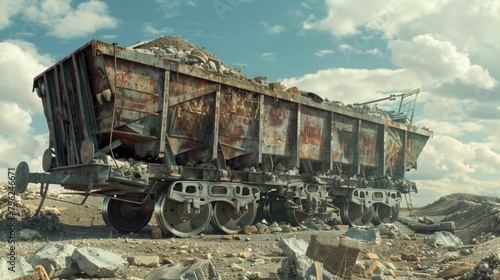 A rusty train car sitting on top of a pile of rocks. Ideal for transportation and industrial concepts