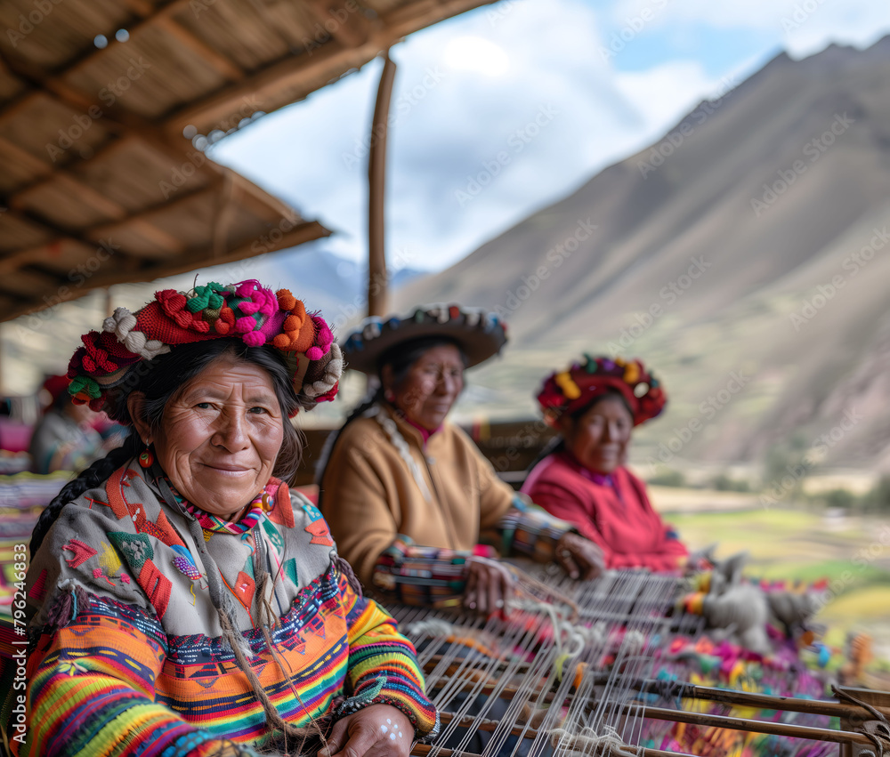 Three indigenous women in Cusco in traditional clothing looking at the camera, working on a handmade loom.