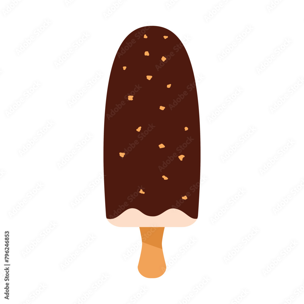 Chocolate ice cream on a stick with nuts. Vector editable design. Chocolate ice cream bar icon frozen dessert. Summer design for poster, flyer, menu. Pro Vector Chocolate ice cream on a stick with nuts. Vector editable design. Chocolate ice cream bar icon frozen dessert. Summer design for poster, flyer, menu. Pro Vector