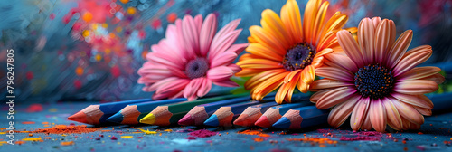 Colorful pencils on a vibrant background with fl, A red and blue flower is next to a red and white flower. 