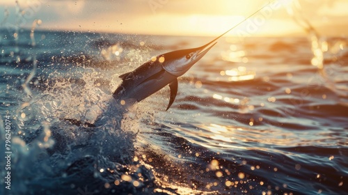 A fish leaping out of the water with a fishing rod. Ideal for fishing and outdoor activity concepts