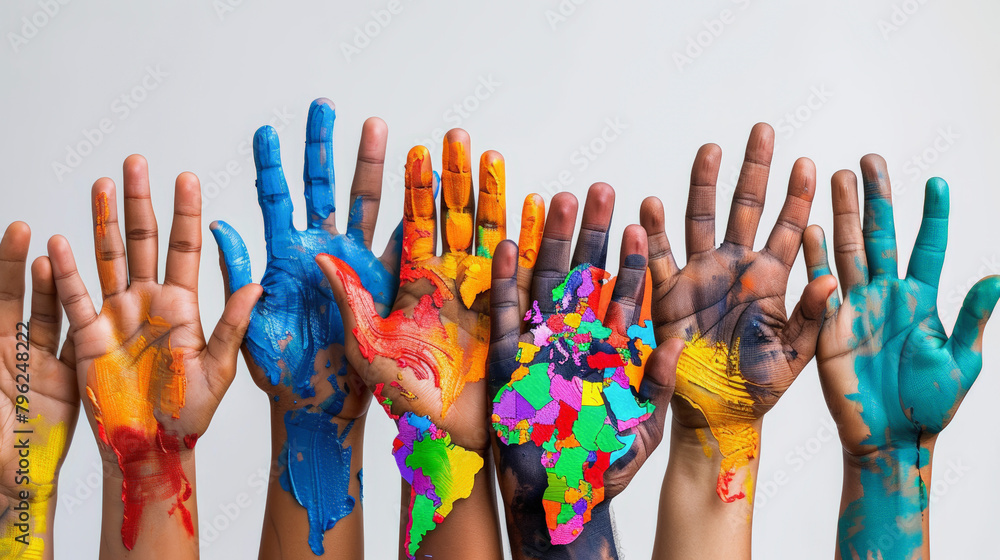 Fototapeta premium Several raised hands painted with colorful paints and patterns against a white background, representing creativity and diversity, World Population Day