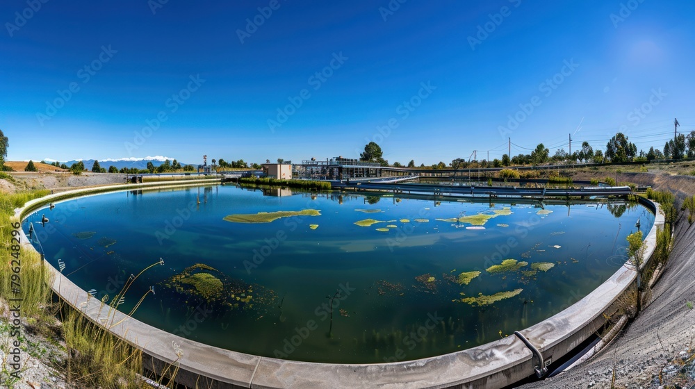 wastewater treatment plant during a clear, blue sky day, highlighting the plant's harmonious integration with the surrounding environment. wastewater treatment plant during a clear, blue sky day, highlighting the plant's harmonious integration with the surrounding environment.
