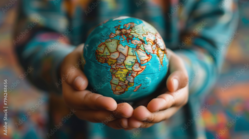 Person holding a small globe with a map printed on it, symbolizing care or responsibility for the Earth., save the world. Person holding a small globe with a map printed on it, symbolizing care or responsibility for the Earth., save the world.