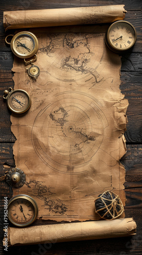 A map is displayed on a wooden surface with a variety of clocks and a rock. The map is old and worn, and the clocks are antique. Concept of nostalgia and history, as if the map