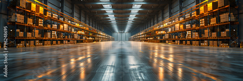 Large empty warehouse with shelves and long ais,
High shelving system in a spacious warehouse Concept Warehouse organization Efficient storage Industrial shelving Inventory management Warehouse layout photo