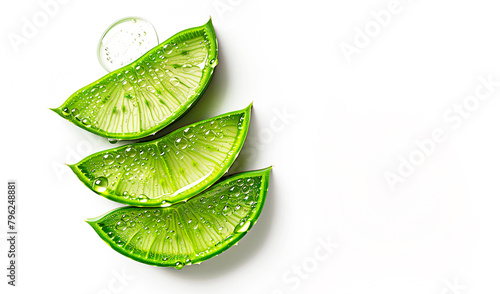Aloe vera leaves and slices with water drops isolated on white background  top view  copy space