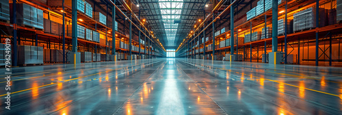 Large empty warehouse with shelves and long ais,
Concept of Automated Warehouse Management in a Logistic Center photo