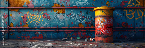 Trash can sits in front of a graffiti-covered wa,
Dumpster a canvas for the voiceless digital art illustration
 photo
