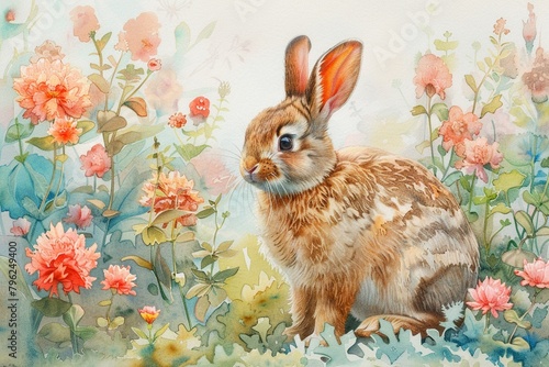 Cute rabbit in a carrot garden in vibrant watercolor, bright pastels, serene hand drawn, nature scene