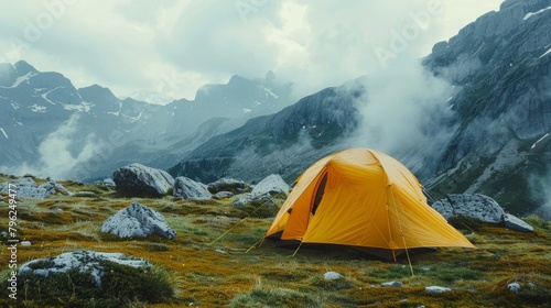 Blank mockup of a rugged tent set up in the mountains for a camping or hiking event. .