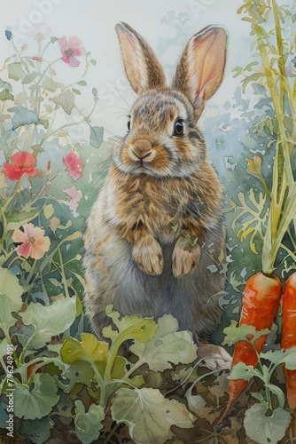 Bright pastel watercolor of a charming rabbit in a carrot garden, hand drawn, serene nature scene