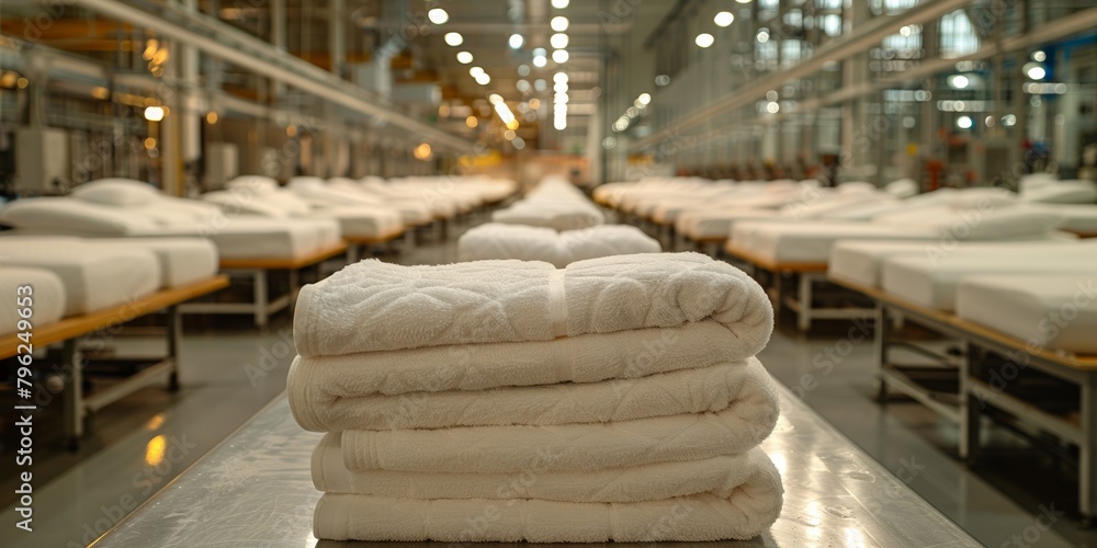 In a dormitory hall, rows of bedding and stacks of towels promote hygiene and comfort.