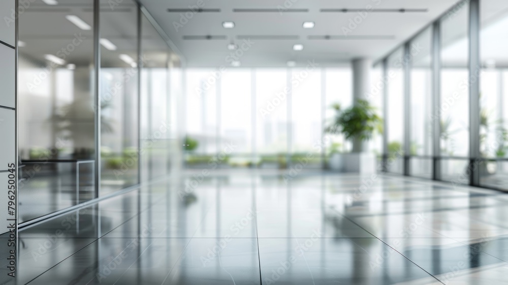Beautiful blurred background of a modern office interior in gray tones with panoramic windows, glass partitions, and orange accents. Beautiful blurred background of a modern office interior in gray tones with panoramic windows, glass partitions, and orange accents.
