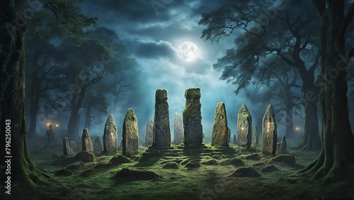 A mystical, Celtic-inspired landscape, featuring standing stones shrouded in fog, ancient oaks adorned with ivy and moss, and a group of druids performing a ritual under the light