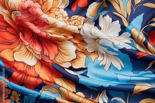 Digitally render a photorealistic image of a close-up shot zoomed into the tension within a chintz design Utilize high-definition techniques to bring out the rich details and vibrant hues, creating a photo