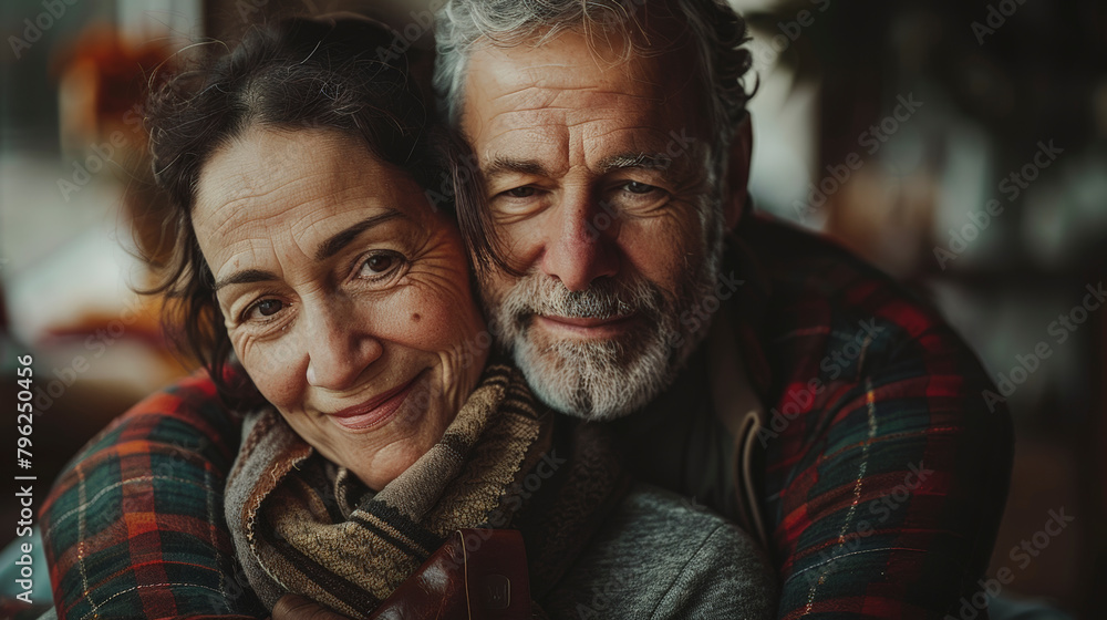 An older couple embracing warmly, smiling contentedly, conveying a sense of love, companionship, and enduring affection in a cozy setting. An older couple embracing warmly, smiling contentedly, conveying a sense of love, companionship, and enduring affection in a cozy setting.