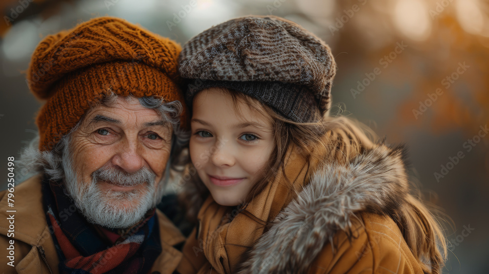 An elder man and a young girl smiling, wearing warm clothes and hats, in an autumn setting, portraying a loving bond. An elder man and a young girl smiling, wearing warm clothes and hats, in an autumn setting, portraying a loving bond.