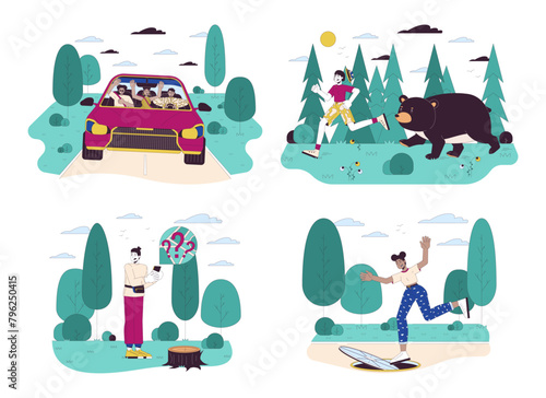 People surviving accidents line cartoon flat illustration set. Dealing with dangerous situations 2D lineart characters isolated on white background. Warning scene vector color image collection