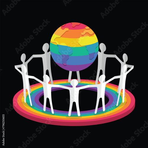 Pride concept - white paper humans hand hold hand around pride globe on circle ring rainbow block on black background vector design