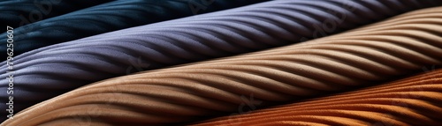 Illustrate a high-angle view series showcasing the unique texture of corduroy fabric, capturing its ribbed pattern in rich colors and intricate details in a digital photorealistic style