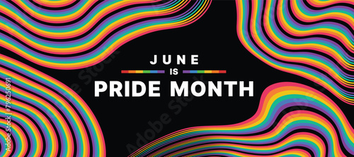 June is pride month Text in abstract long curve rainbow colorful pride flags around on black background vector design photo