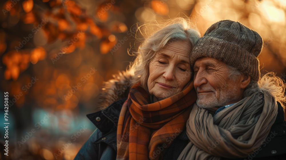 An elderly couple embracing tenderly, surrounded by autumn leaves, emanating warmth and contentment in the golden glow of the season.