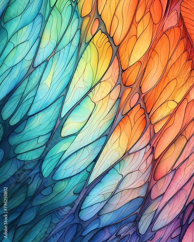 Illustrate the detailed structure of a vibrant butterfly wing in colored pencils, highlighting the delicate veins and iridescent hues with precision