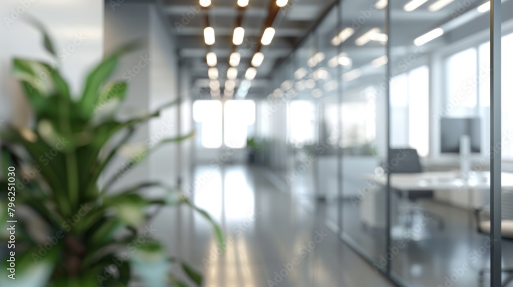 Beautiful blurred background of a modern office interior in gray tones with panoramic windows, glass partitions, and orange accents. Beautiful blurred background of a modern office interior in gray tones with panoramic windows, glass partitions, and orange accents.
