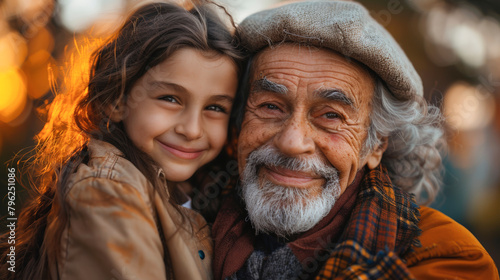 A young girl embracing an elderly man with a warm smile, both enjoying a sunset backdrop, exhibiting a close family bond.