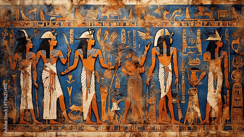 An ancient Egyptian scene, featuring hieroglyphics and intricate patterns created through the batik technique with a historical and mystical feel, 