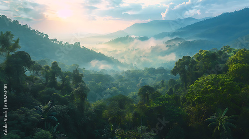 Doi Inthanon National Park, Chiang Mai: Majestic mountains, diverse flora, in a mystical landscape, in a realistic isometric style, with natural lighting, earthy colors photo
