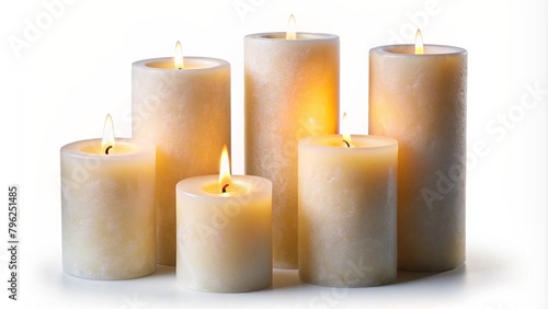 Set of pillar candles with flames illuminated  cut out