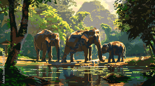 Elephant Nature Park, Chiang Mai: Gentle giants, natural habitat, in a serene setting, in a fantasy isometric style, with soft lighting, natural colors © JPN