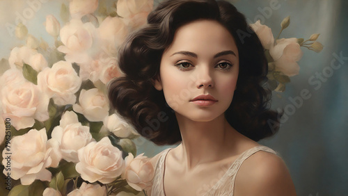 A vintage-inspired portrait, showcasing the timeless beauty of a subject, with soft, delicate features, and a sense of grace, all captured in the unique, matte texture of a casein