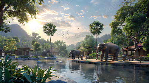 Elephant Nature Park, Chiang Mai: Gentle giants, natural habitat, in a serene setting, in a fantasy isometric style, with soft lighting, natural colors photo