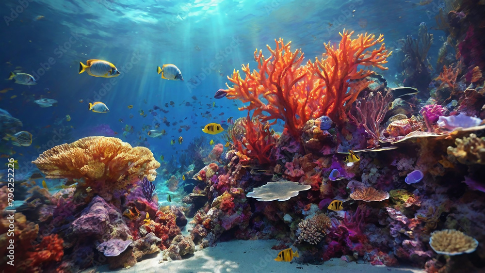 A captivating, underwater scene, featuring a vibrant coral reef, diverse marine life, and a sense of depth and mystery, all rendered in the rich, immersive colors of digital painting A captivating, underwater scene, featuring a vibrant coral reef, diverse marine life, and a sense of depth and mystery, all rendered in the rich, immersive colors of digital painting