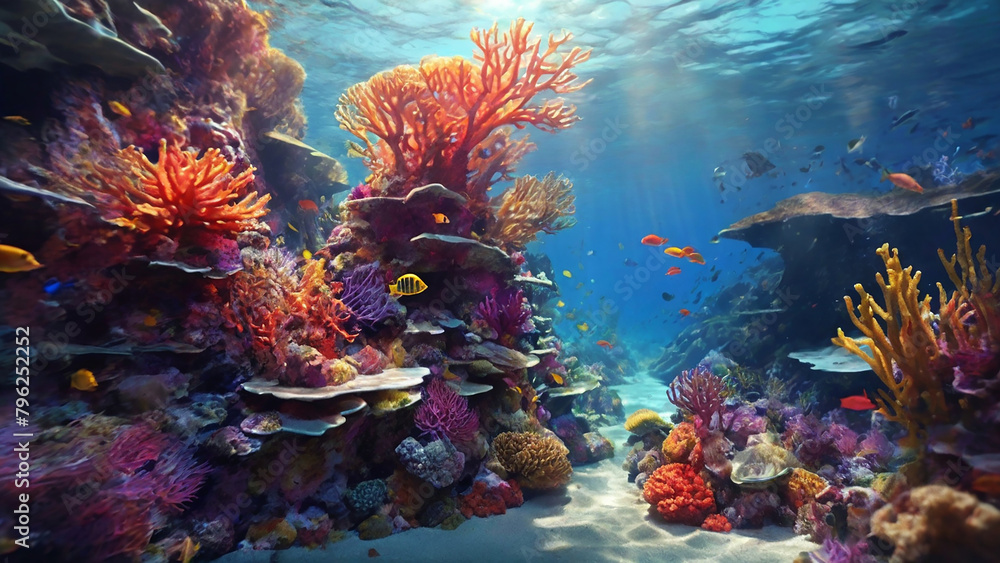 Naklejka premium A captivating, underwater scene, featuring a vibrant coral reef, diverse marine life, and a sense of depth and mystery, all rendered in the rich, immersive colors of digital painting