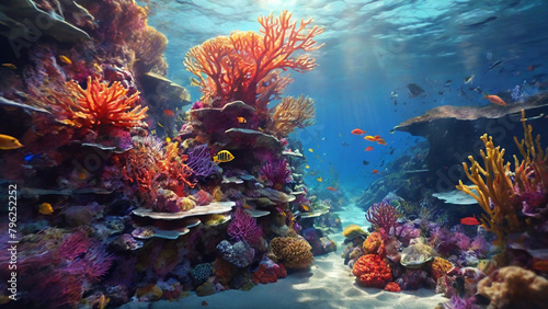 A captivating, underwater scene, featuring a vibrant coral reef, diverse marine life, and a sense of depth and mystery, all rendered in the rich, immersive colors of digital painting © Jessada