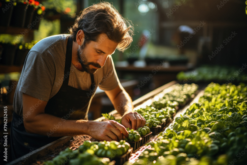 Side view of adult man grows fresh organic healthy pepper in a greenhouse Side view of adult man grows fresh organic healthy pepper in a greenhouse