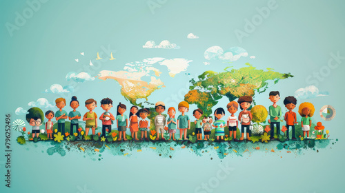 Illustration of diverse children holding hands in front of a stylized world map, symbolizing global unity and friendship among youth, World Population Day, save the world.