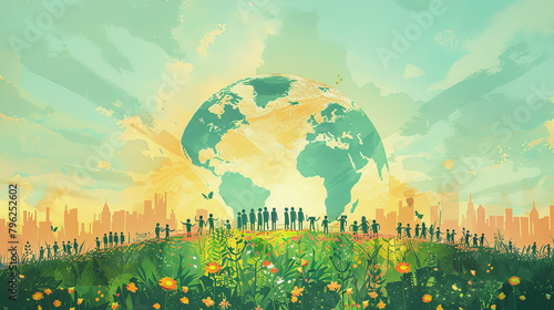 Illustration of diverse people standing on a lush hill with a large globe above, symbolizing unity and environmental consciousness against an urban skyline, World Population Day, save the world. photo