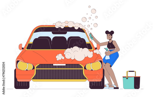 African american woman washing car line cartoon flat illustration. Black female cleaning auto 2D lineart character isolated on white background. Taking care of vehicle scene vector color image