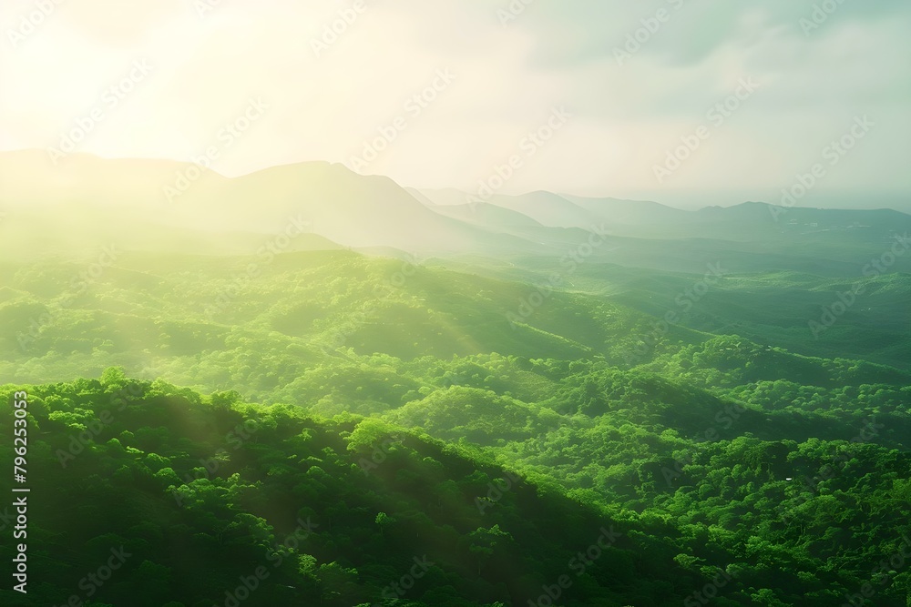 Obraz premium Serene Landscape with Green Hills, Mountains, Trees, and Clear Sky. Concept Nature Photography, Green Scenery, Mountain Views, Tree-filled Landscapes, Clear Skies