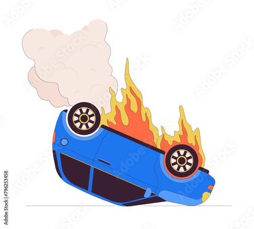 Car burning on accident line cartoon flat illustration. Dangerous situation. Upside down auto on fire 2D lineart object isolated on white background. Surviving crash on road scene vector color image