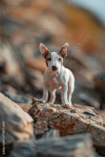 A cute small dog standing on top of a pile of rocks. Perfect for outdoor and adventure themes