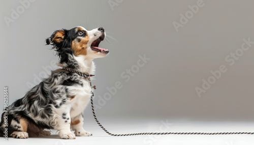 Dynamic pose of expressive barking dog on leash against white backdrop, conveying intense emotion photo