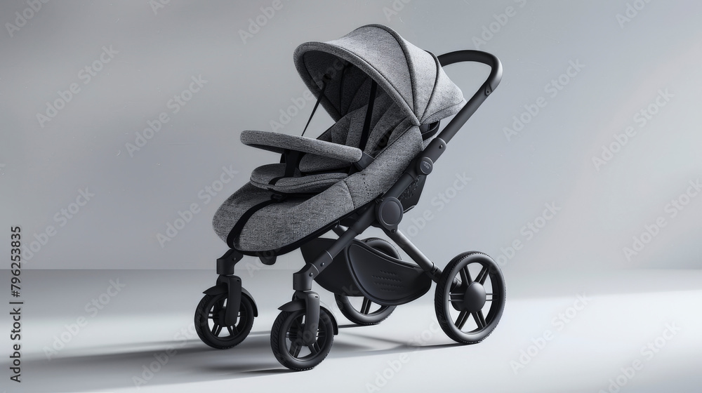 Modern grey baby stroller with large wheels and comfortable seat, on a plain studio background, displaying premium design and materials. Modern grey baby stroller with large wheels and comfortable seat, on a plain studio background, displaying premium design and materials.